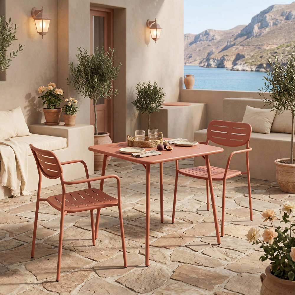 Τραπεζαρία εξωτερικού χώρου 3τεμ "MORAJA DERABY" από μέταλλο σε terracotta χρώμα 70x70x73