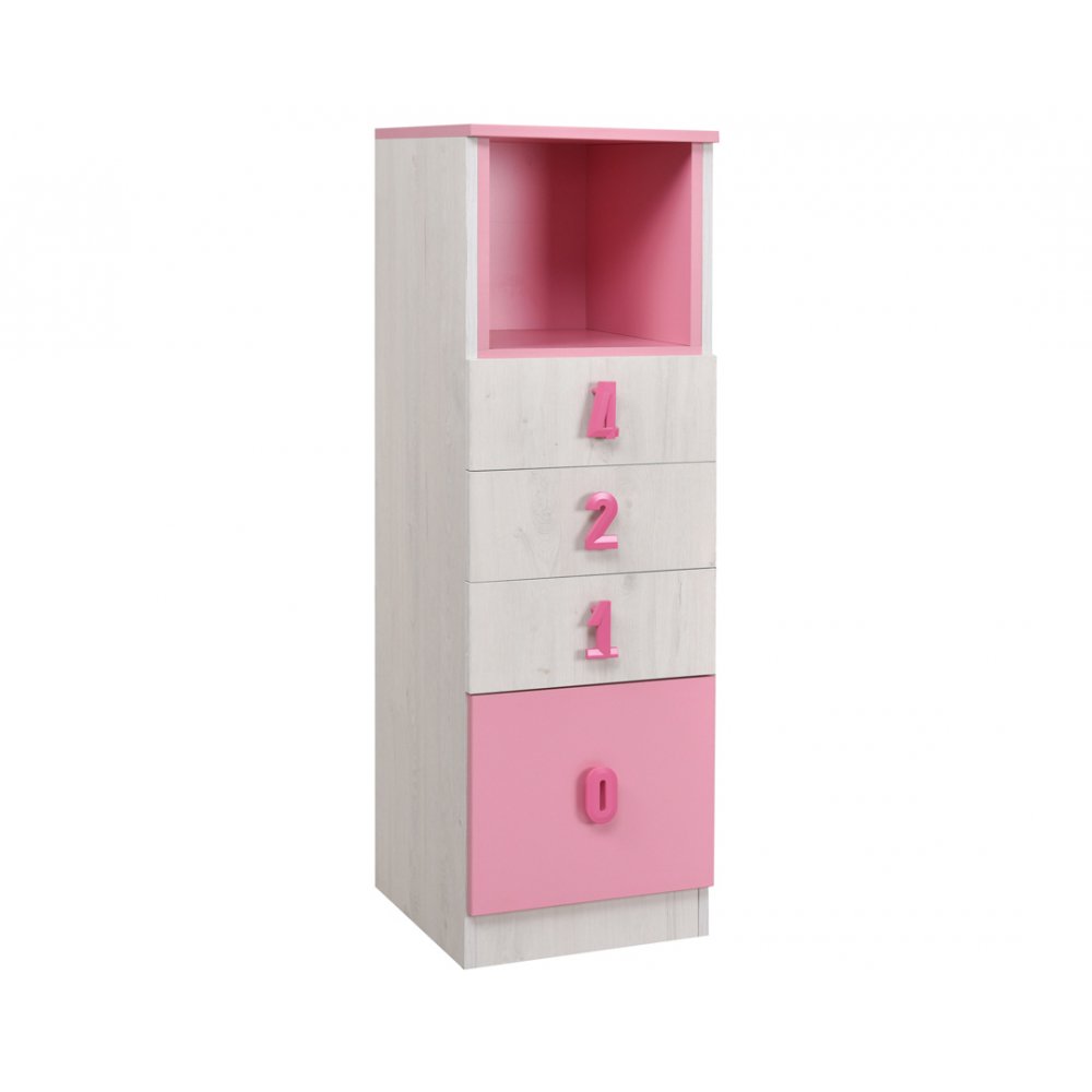 Συρταριέρα "NUMERO" με 4 συρτάρια σε λευκό δρυός-ροζ χρώμα 40x42x126,5