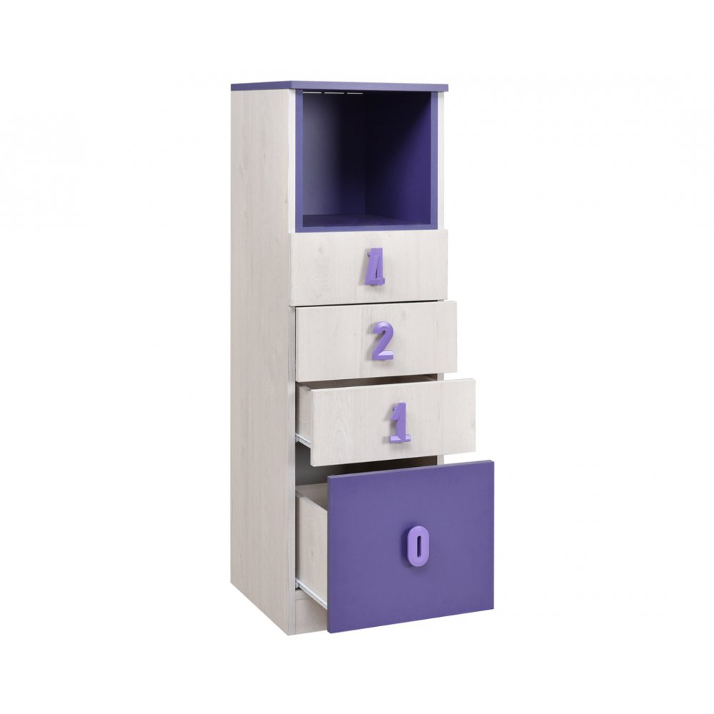 Συρταριέρα "NUMERO" με 4 συρτάρια σε λευκό δρυός-μωβ χρώμα 40x42x126,5