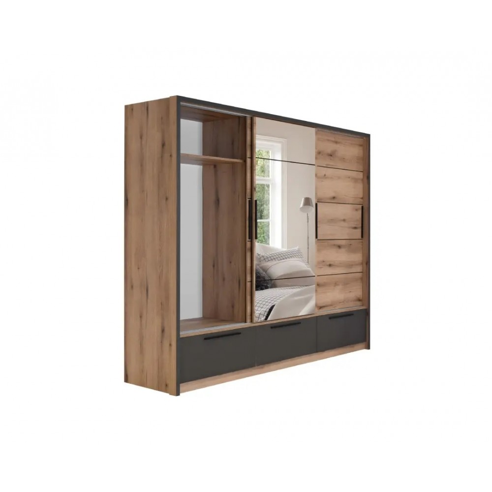 Ντουλάπα "KALIOPA 270" με καθρέφτη σε χρώμα φυσικό δρυς/ανθρακί 269x64x222