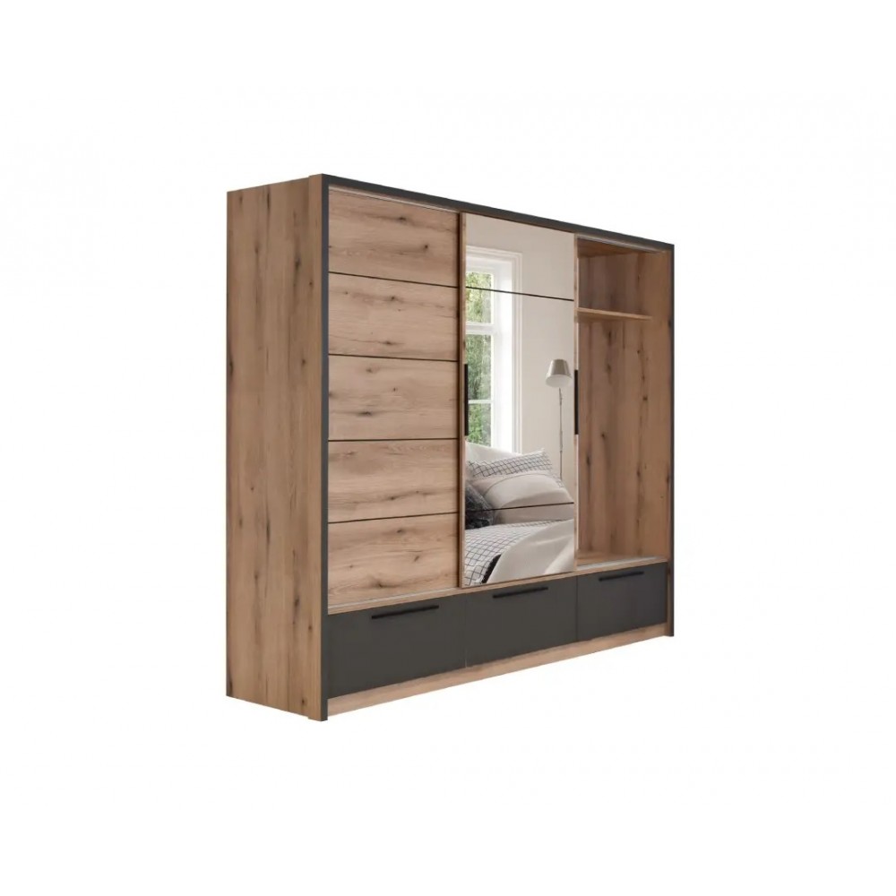 Ντουλάπα "KALIOPA 270" με καθρέφτη σε χρώμα φυσικό δρυς/ανθρακί 269x64x222