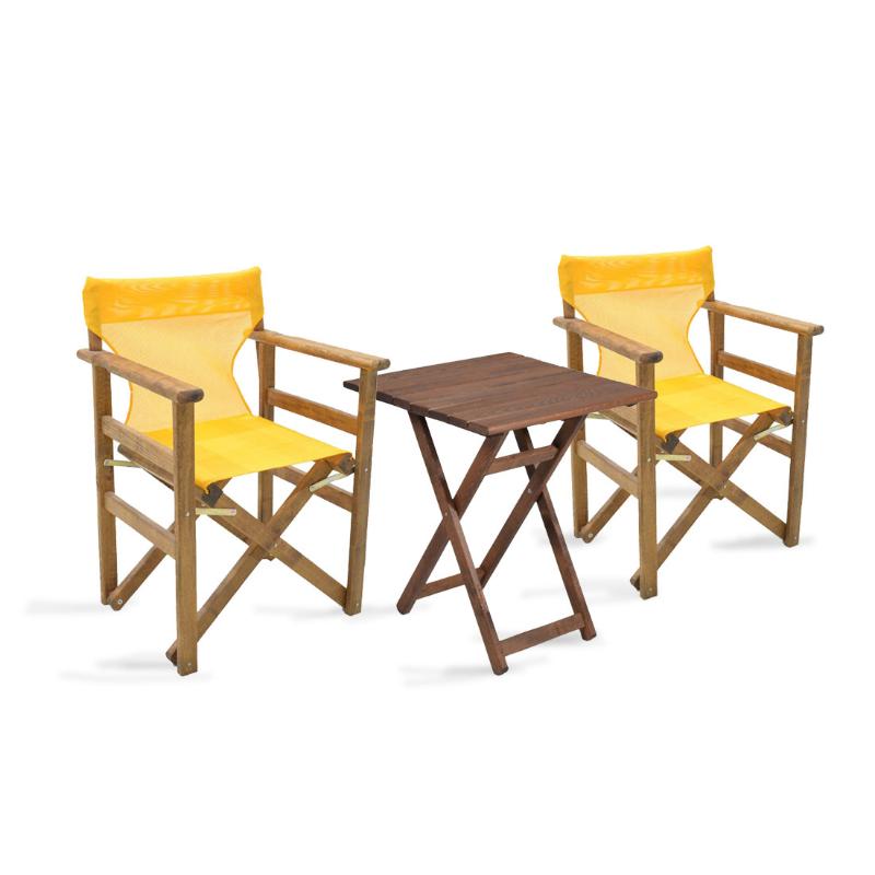 Σετ κήπου “SUNSET” 3 τμχ από ξύλο/textilene σε χρώμα καρυδί/κίτρινο 60x60x76