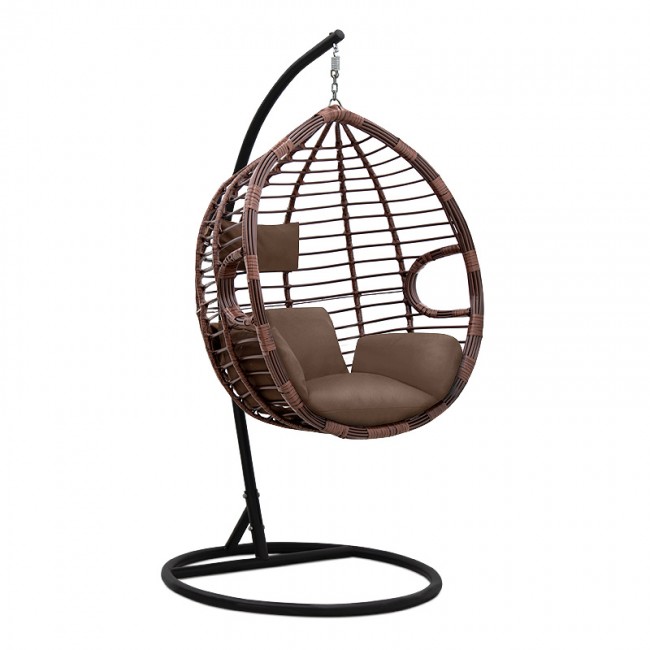 Κρεμαστή κούνια – φωλιά “ARIADNI” με wicker σε χρώμα cappuccino & καφέ μαξιλάρια 108x75x195