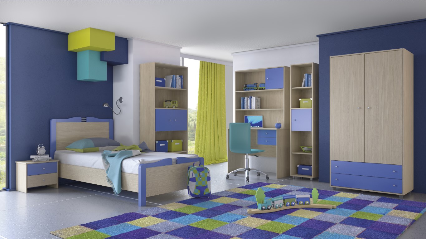 Σετ παιδικό δωμάτιο “ΝΟ3” 7τμχ σε λάττε/μπλε χρώμα 90×190