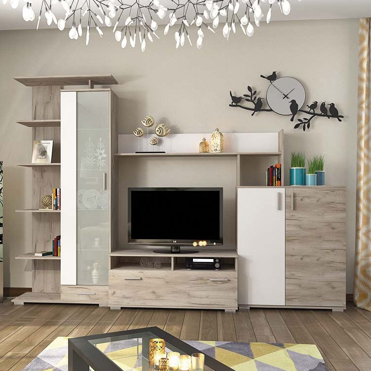 Σύνθεση TV “POLO” σε χρώμα γκρι δρυς-λευκό 290×46.5×206