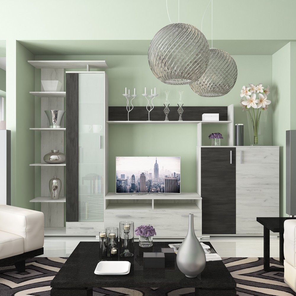 Σύνθεση TV “POLO”σε χρώμα λευκό δρυς-γκρι 290×46.5×206
