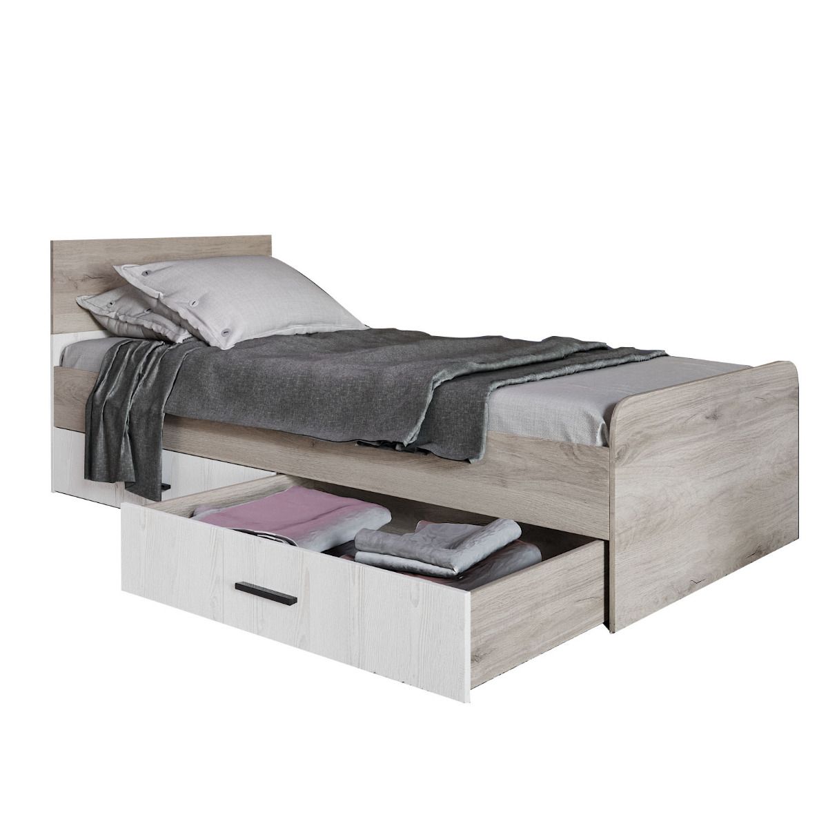 Κρεβάτι μονό "LITTLE" με συρτάρια σε σκούρο σονόμα-λευκό χρώμα 90x200