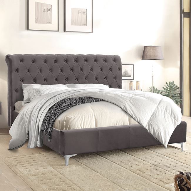 Κρεβάτι διπλό "QUEEN" από ύφασμα βελούδο σε χρώμα γκρι 160x219x94
