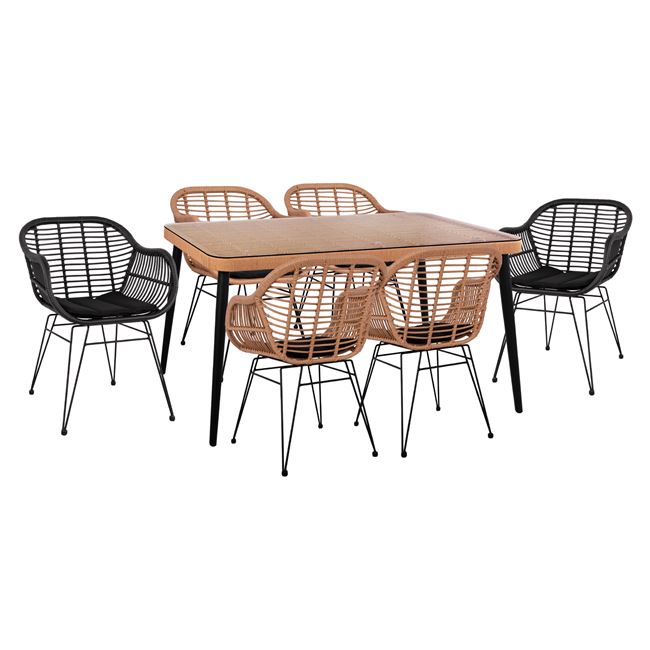 Σετ τραπεζαρίας 7 τμχ “ALLEGRA” από μέταλλο/wicker σε χρώμα μπεζ/μαύρο 160x90x78
