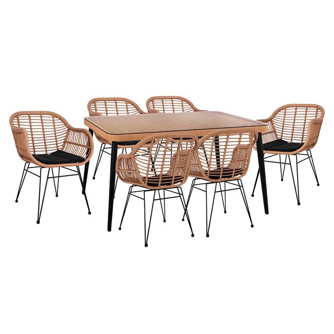 Σετ τραπεζαρίας 7 τμχ “ALLEGRA” από μέταλλο/wicker σε χρώμα μαύρο/μπεζ 160x90x78