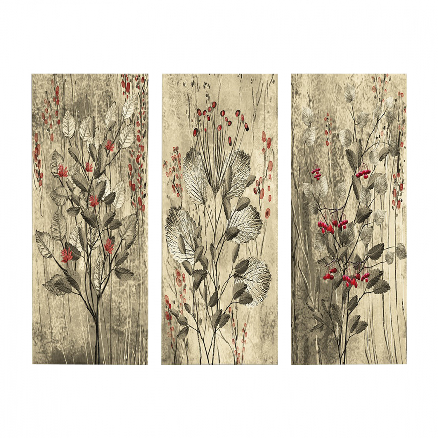 Πίνακας τρίπτυχος “RED FLOWERS AND BERRIES” από mdf πολύχρωμος 60x3x50