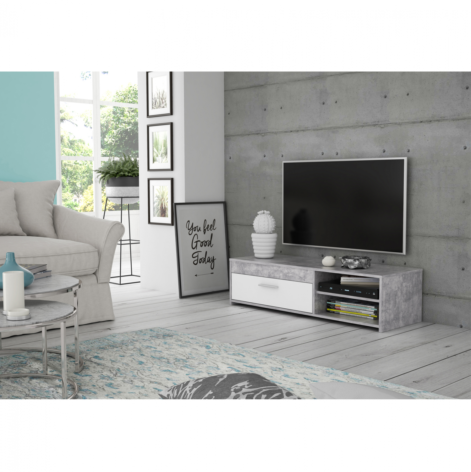 Έπιπλο τηλεόρασης “BASTIAN” σε γκρι cemento/λευκό χρώμα 120×31.8×42.1