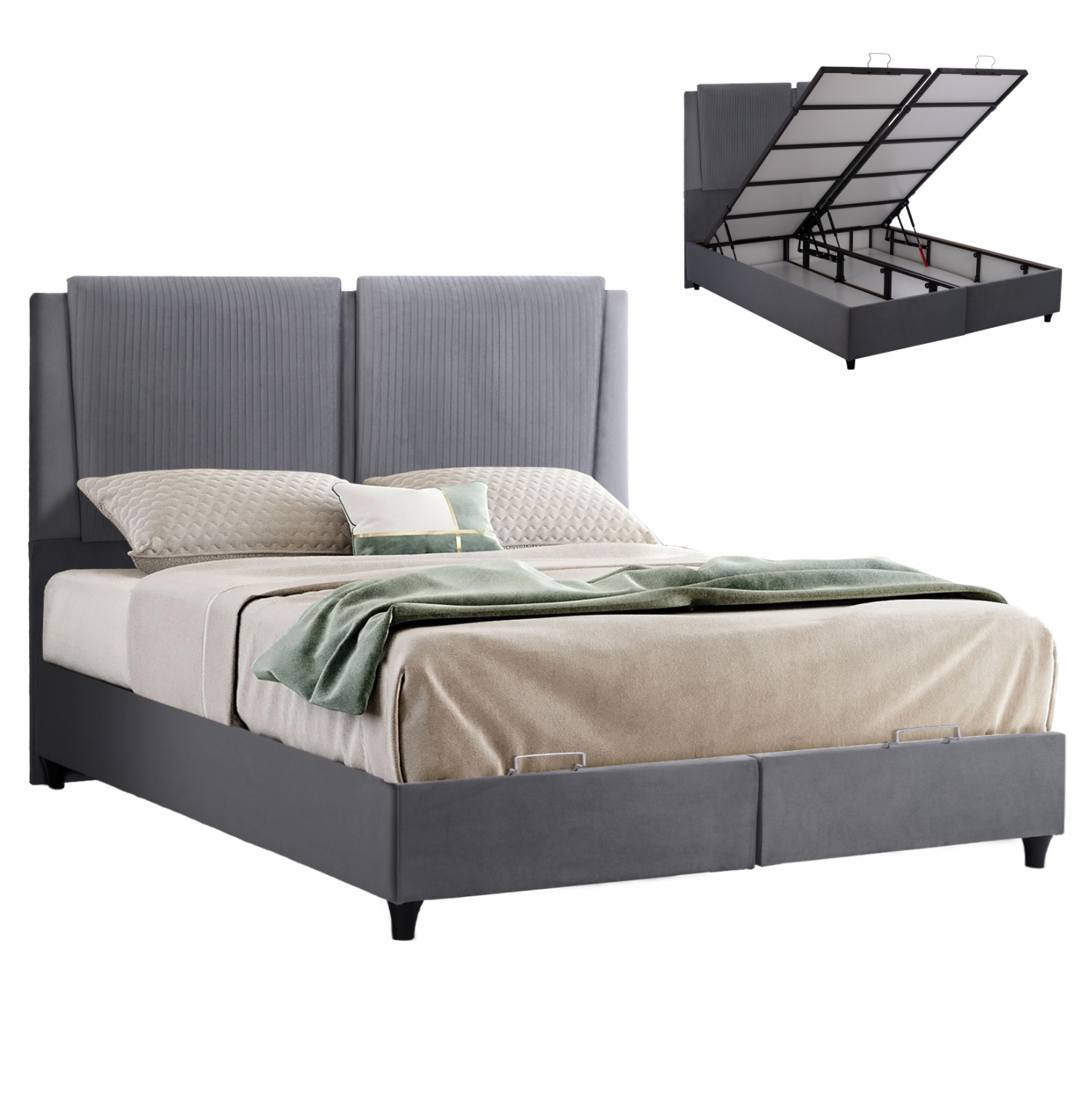 Κρεβάτι “MARGA” με αποθηκευτικό χώρο από ύφασμα σε χρώμα γκρι 160×200