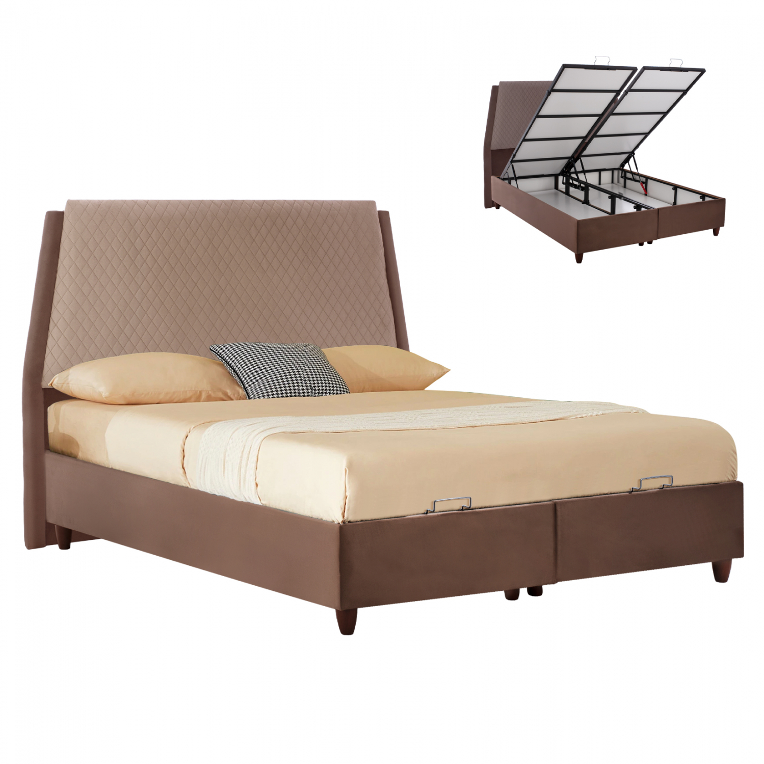 Κρεβάτι “REGINA” με αποθηκευτικό χώρο από ύφασμα σε χρώμα καφέ 160×200