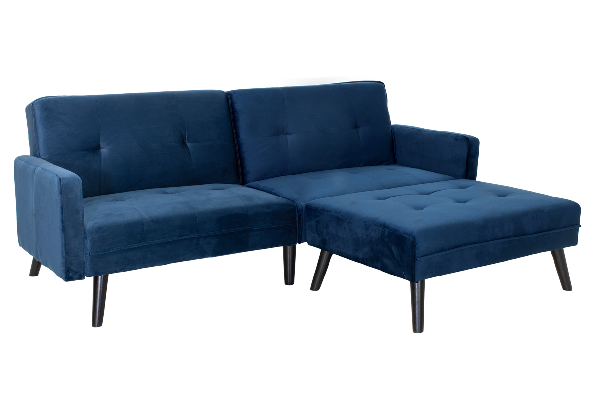 Γωνιακός καναπές-κρεβάτι με σκαμπώ “DREAM” σε χρώμα μπλε βελούδο ύφασμα 209×87-195×80