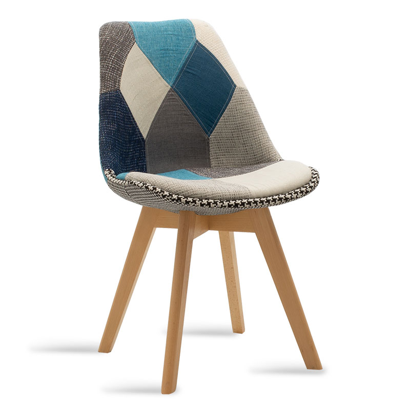 Καρέκλα Gaston ύφασμα patchwork μπλε γκρι – φυσικό 47.5x57x80.5
