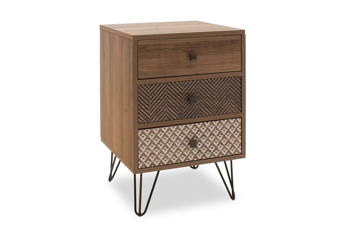 Κομοδίνο με 3 συρτάρια “Boho” από MDF-μέταλλο σε καρυδί-μαύρο χρώμα 40x40x59