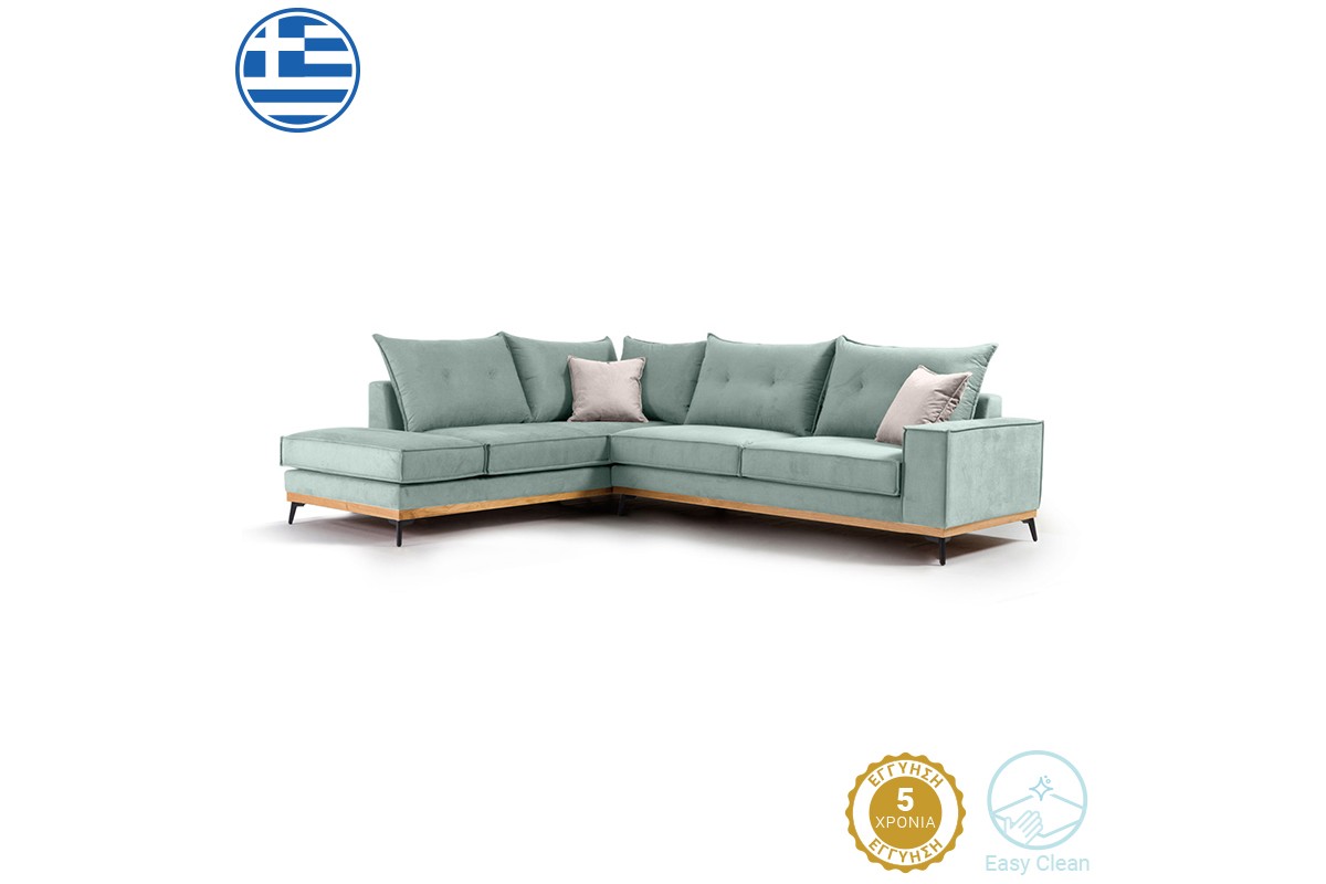 Γωνιακός καναπές "LUXURY II" με δεξιά γωνία από ύφασμα σε σιέλ-κρεμ χρώμα 290x235x95