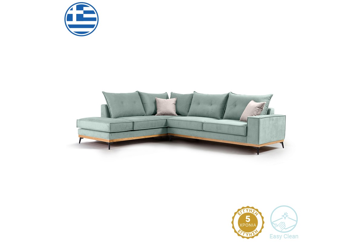 Γωνιακός καναπές “LUXURY II” με δεξιά γωνία από ύφασμα σε σιέλ-κρεμ χρώμα 290x235x95