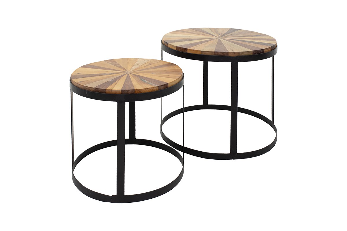 Σετ τραπέζια σαλονιού 2τμχ “KIERE” από μέταλλο-ξύλο σε μαύρο-καρυδί χρώμα Φ50×40