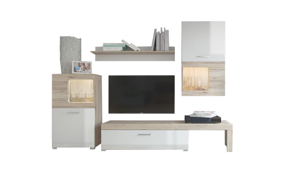 Σύνθεση σαλονιού “ANNALIE” με φωτισμό LED σε sonoma/λευκό gloss χρώμα 215x39x180